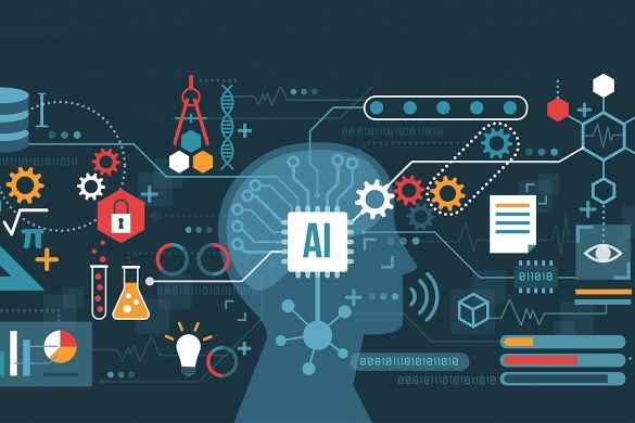 Head with symbols and AI in words