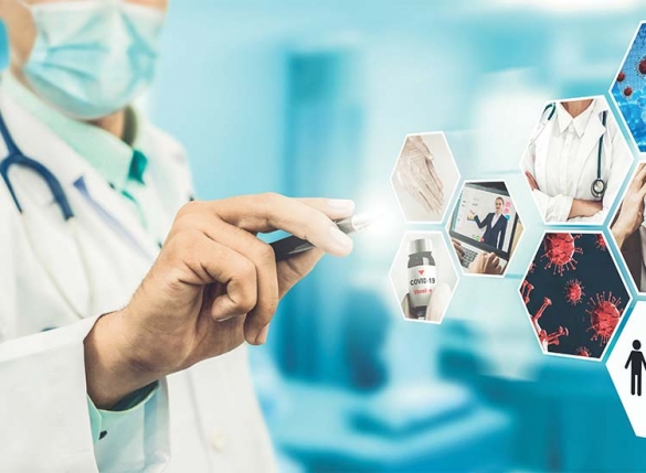 Man in mask shining torch off multiple images