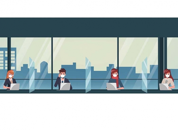 People with masks on laptops