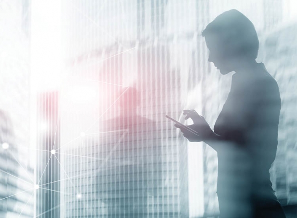 Woman in front of office