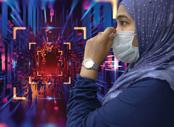 woman in mask in futuristic scene