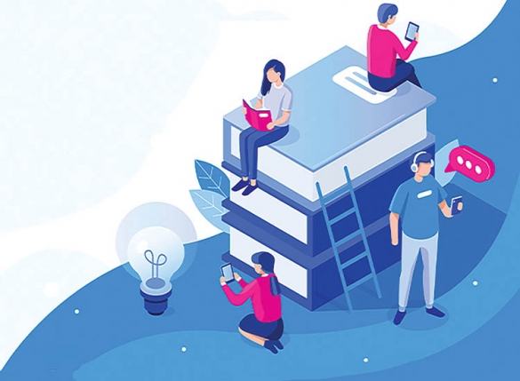 People sitting on large books