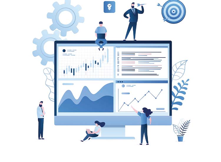 computer screen with graphs and cartoon people around