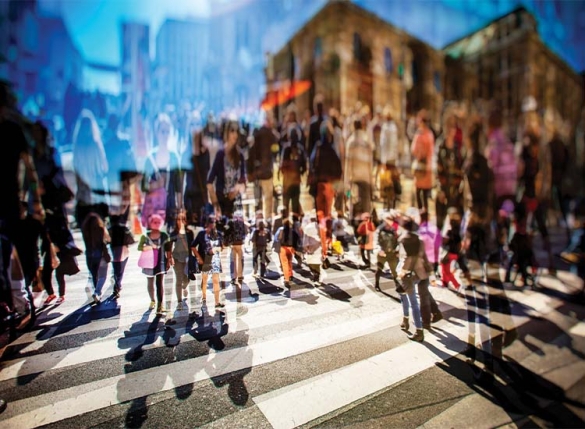 crowd scene shadowy and blurred