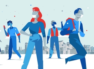 people in masks against a city landscape