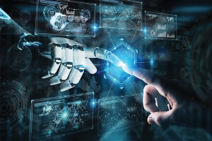 man's finger touching robotic finger