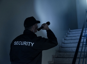 Security officer shining a torch